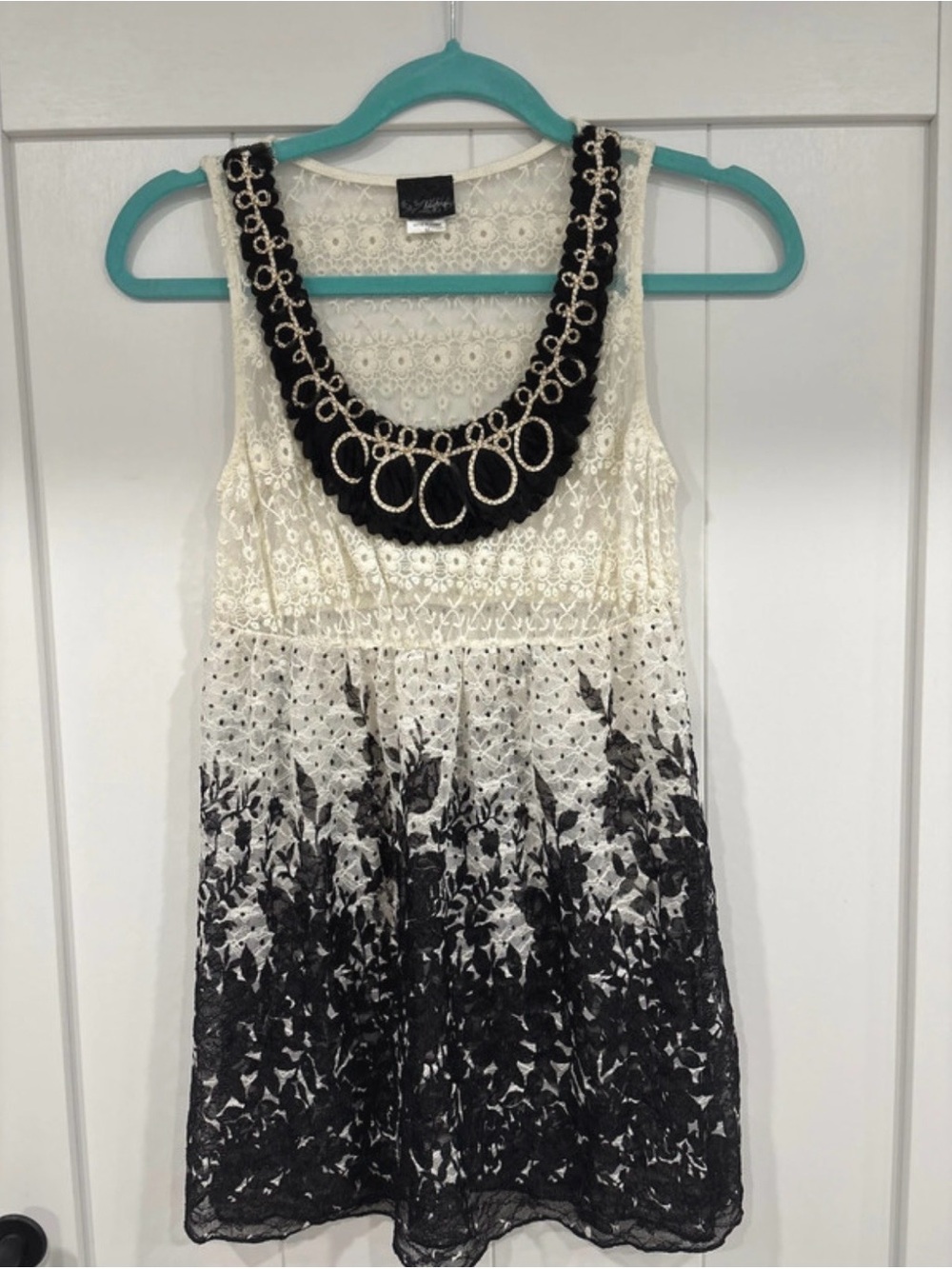 Daytrip Cream Lace Tank Top with Black Ombre Floral and Beaded Neckline